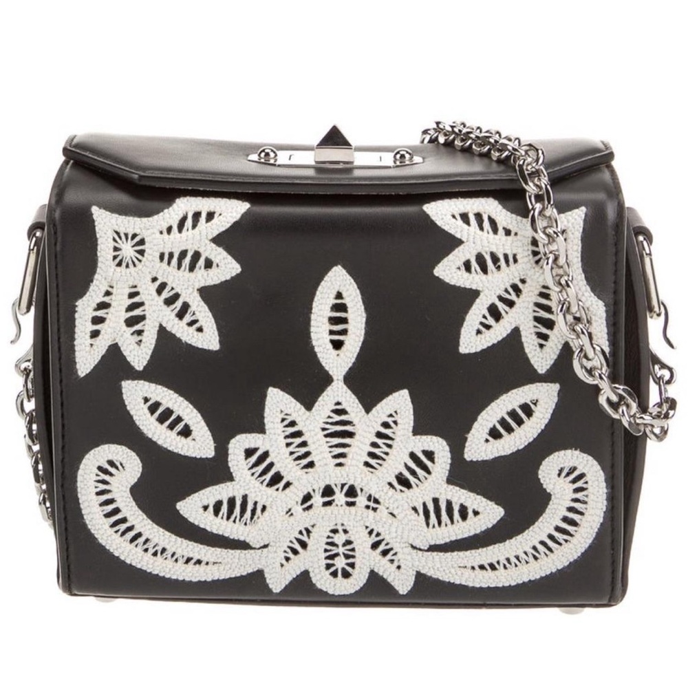 Rare Alexander McQueen Black and White Floral Appliqué Leather Shoulder Bag